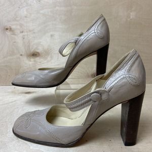 Karen Millen Ankle Strap Closed Toe Beige Leather Block Heels Shoes EU 36 US 6
